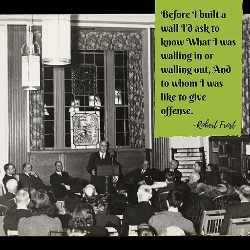 Robert Frost reading his poem "Mending Wall" at the dedication of the Newtonville Branch Library, 1939. Leland2018, CC BY-SA 4.0 https://creativecommons.org/licenses/by-sa/4.0, via Wikimedia Commons. No changes made to image.