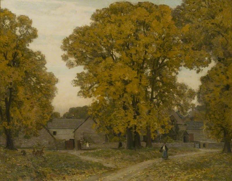 Autumn in Gloucestershire by artist Alfred East (1844-1913). Oil painting on canvas.